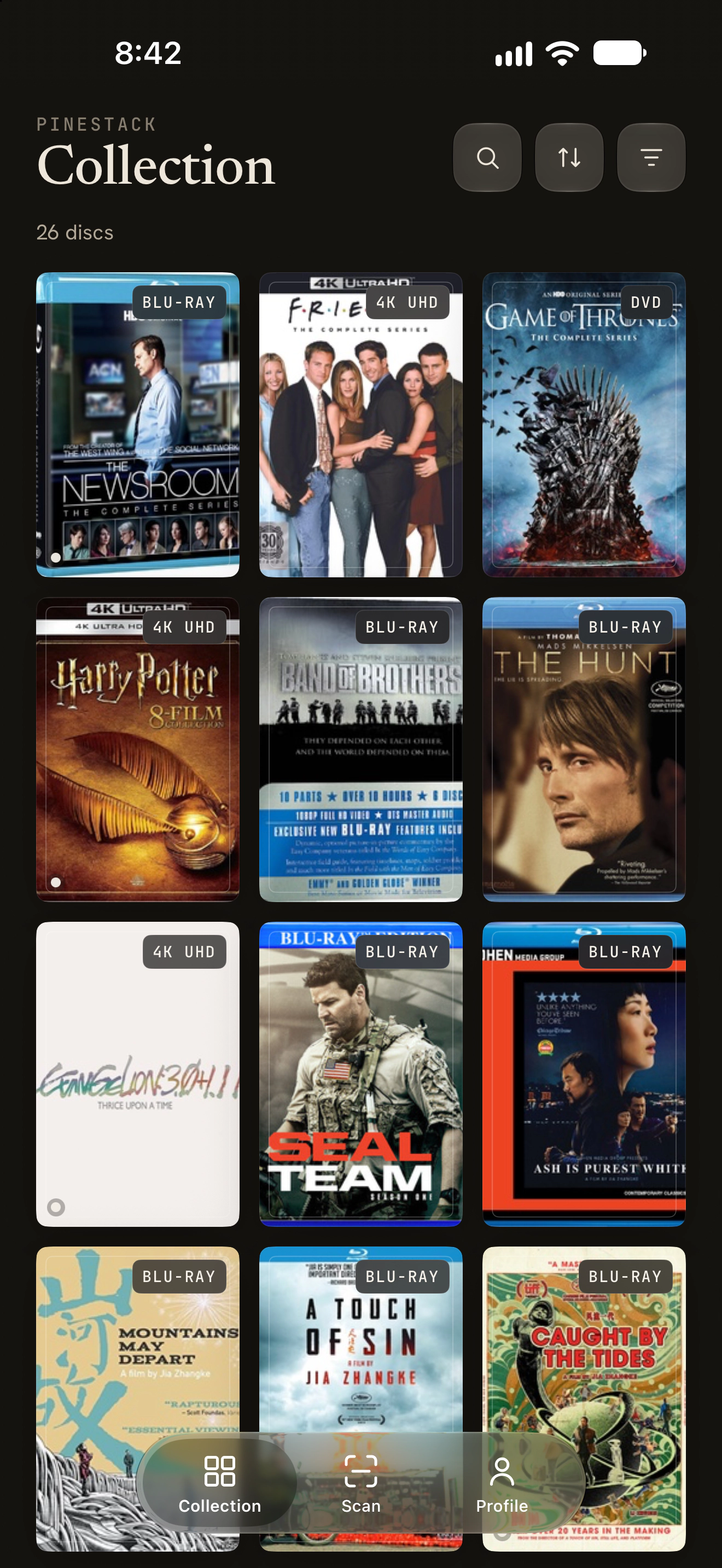 A DVD, Blu-ray, and 4K UHD collection shown as a grid of cover art