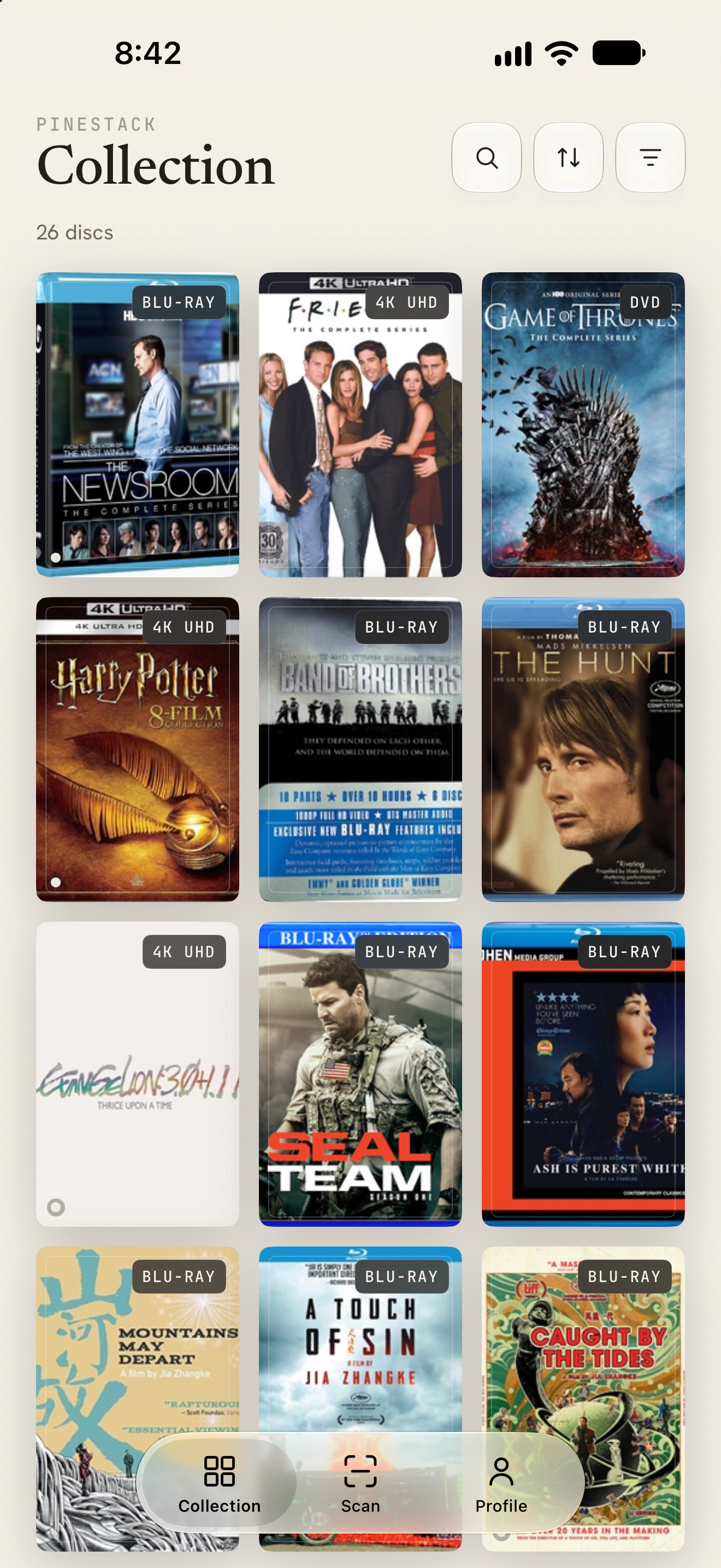 A DVD, Blu-ray, and 4K UHD collection shown as a grid of cover art