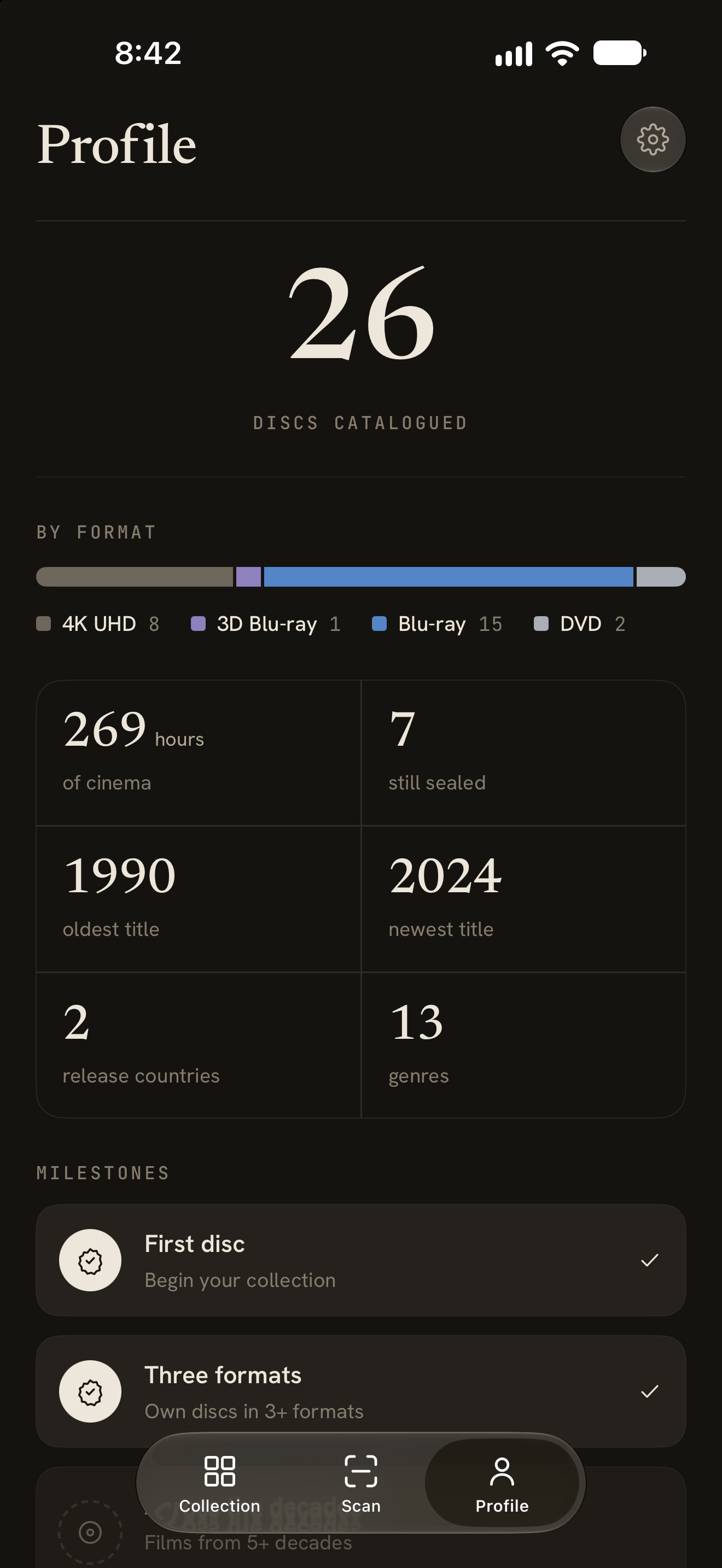 Collection stats and milestones for a movie and TV disc library