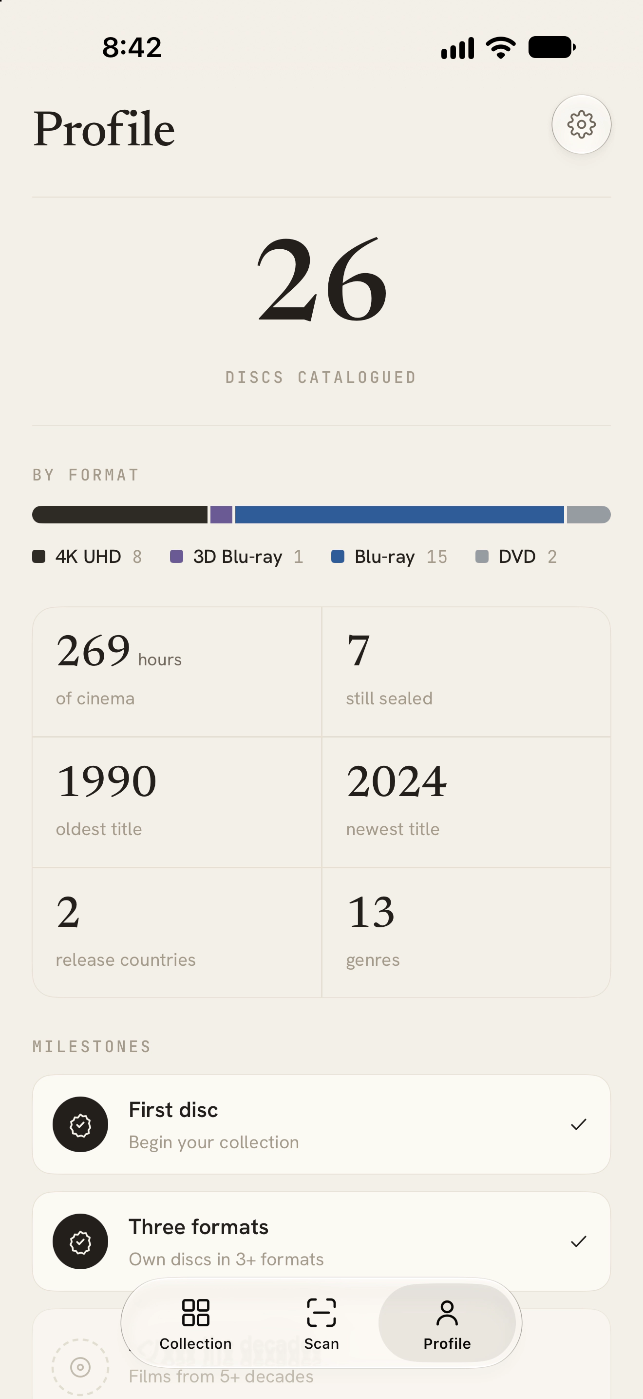 Collection stats and milestones for a movie and TV disc library